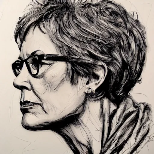 Image similar to a realistic yet scraggly portrait sketch of the side profile of a stern and sophisticated jamie lee curtis, trending on artstation, intricate details, in the style of frank auerbach, in the style of sergio aragones, in the style of martin ansin, in the style of david aja, in the style of mattias adolfsson