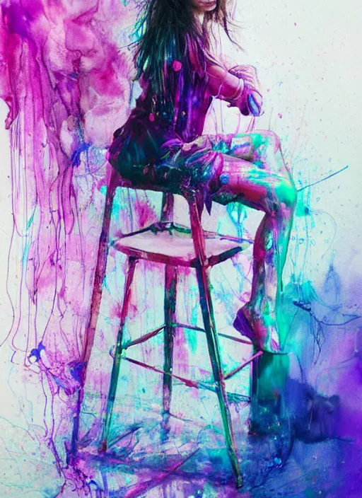 Image similar to adriana lima by agnes cecile, sitting on a stool, bent over posture, full body portrait, extremely luminous bright design, pastel colours, ink drips, autumn lights