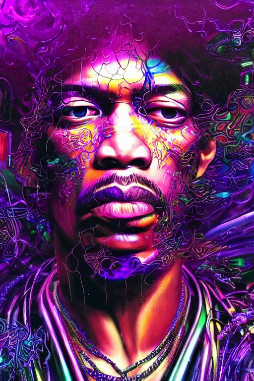 Prompt: A Weirdcore Mesmerizing 8k hyperrealistic portrait of cyberpunk Jimi Hendrix, floating in spirals of iridescent mycelum, surrounded by purple haze, neon lines, by Ayami Kojima, Daytoner, Greg Tocchini, James Jean,Yoshitaka Amano