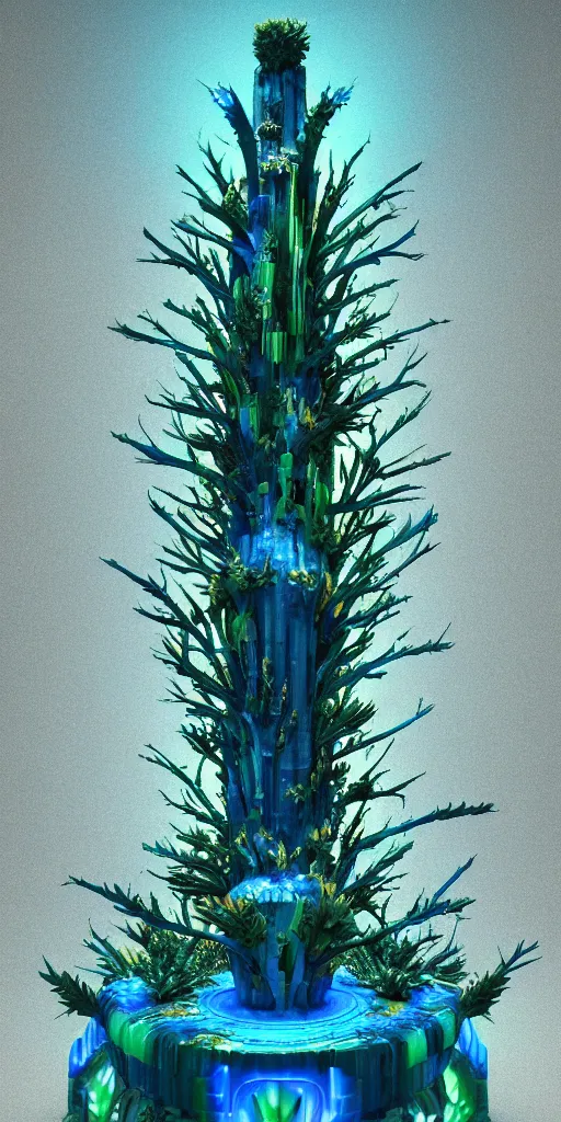 Prompt: 3 d photographic render of a deconstructed flower orange torii mandelbulb sculpture, green bioluminescent chrometype, made of liquid blue metal, neotribal with thorns and blue thunders, cyberpunk japanese temple, raytraced, hyper realistic, volumetric lightning, 8 k, by zhelong xu, ouchh and and innate studio