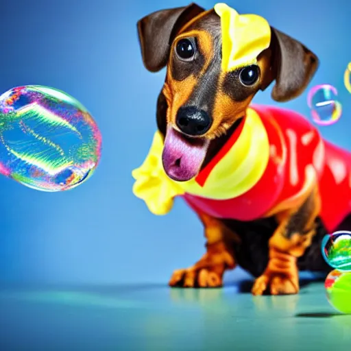 Image similar to photo a dachshund wearing a hot dog outfit, blowing soap bubbles, doing tricks, award winning