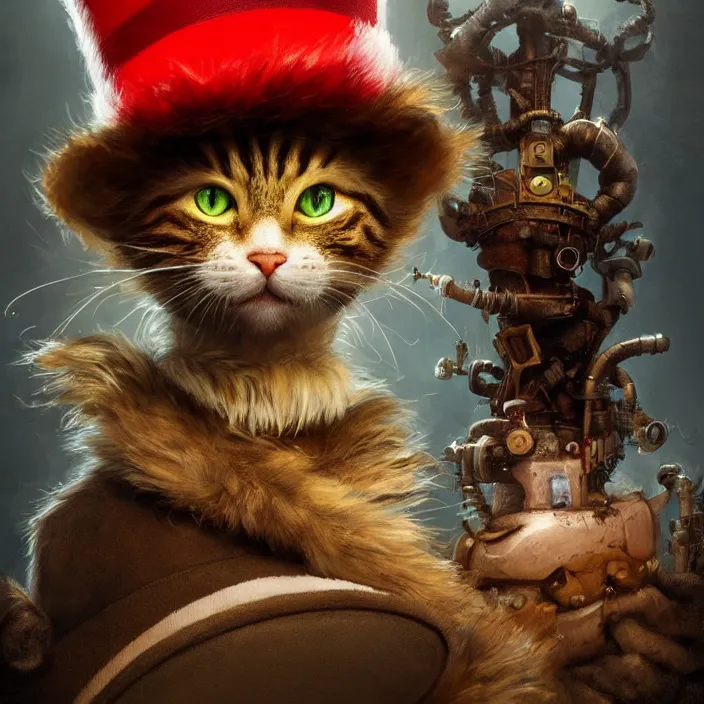 Image similar to complex 3 d render, hyper detailed, ultra sharp, cat in the hat, scary, cute, cinematic, head and shoulders, steampunk, natural soft light, rim light, octane render, artstation, art by artgerm and greg rutkowski and alberto seveso, dr seuss