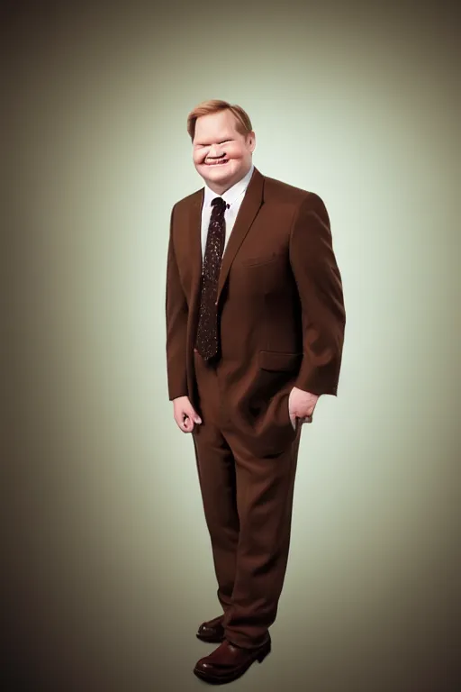 Prompt: andy richter wearing a brown suit and necktie, ultra hd photo, 3 5 mm close up, fish eye, realistic, smiling, holding a black work boot