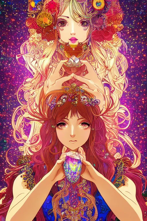 Image similar to psychedelic, intricate, highly detailed, anime, 4k, beautiful seductive woman holding a crystal containing the universe, with professional makeup, long trippy hair, surrounded by gems, underneath the stars, trending on patreon, deviantart, twitter, artstation, volumetric lighting, heavy contrast, by artgerm and Ilya Kuvshinov and alphonse mucha