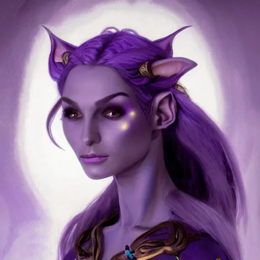 Image similar to head and shoulders portrait of a beautiful female drow elf warlock, purple skin, white hair, violet magic, royo, klimt, miro, vallejo, frazetta, alphonse mucha, greg rutkowski, whealan