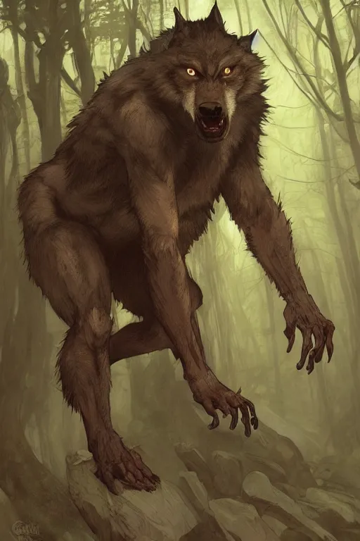 Image similar to fullbody portrait of a male werewolf, bared teeth, long claws, by greg rutkowski and alphonse mucha, gradient brown to silver, in front of a forest at night background, highly detailed, digital painting, artstation, concept art, smooth, sharp focus illustration