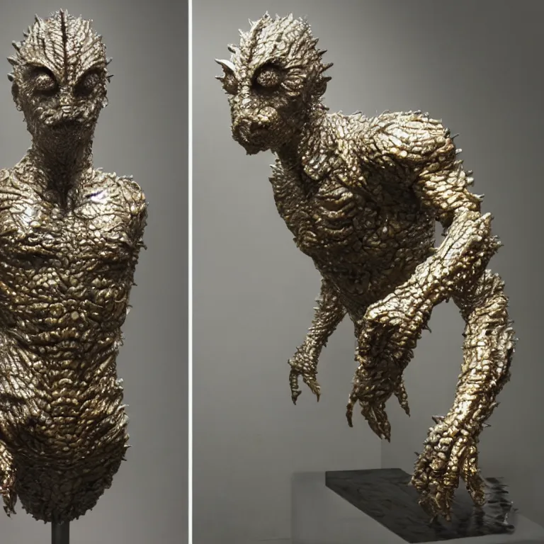Prompt: hyperrealistic sculpture of a bronze fossilized ultraman kaiju dusted with iridescent spraypaint and ferns in a nylon grid cage on a pedestal by ron mueck and duane hanson and lee bontecou, hyperrealistic dramatic colored lighting trending on artstation 8 k