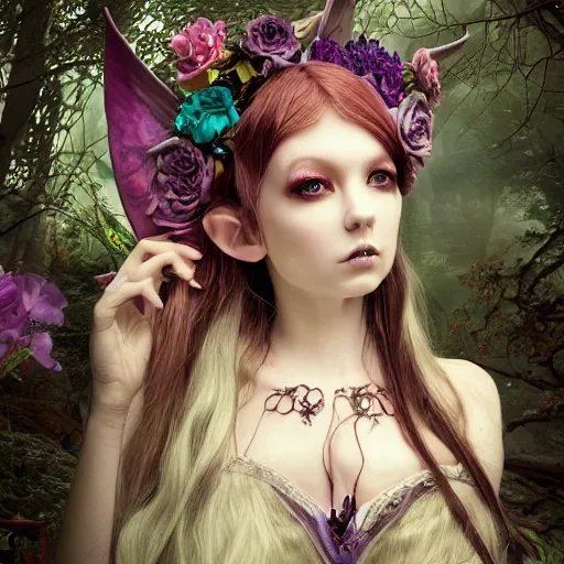 Image similar to Ethereal, mysterious stunning maximalist mesmerizing elven girl with elf ears from the rainbow sky paradise, high-tech, professional high fashion model photo shoot for Victorian gothic lolita fashion, hyperdetailed by Mark Ryden, artgerm, Hiroyuki-Mitsume Takahashi, WLOP, Goto Fujita, 奈良美智, Pixiv 3DCG, DAZ Studio, close-up 35mm macro shot, hyperrealism, 8k resolution 3D, cinematic, dynamic lighting, octane render, unreal engine 5