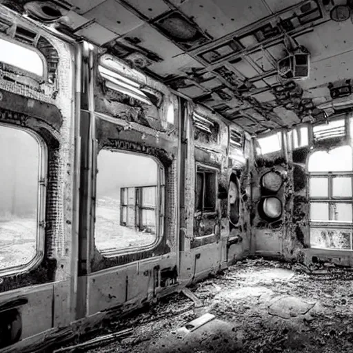 Image similar to the interior of an abandoned space station with windows into space