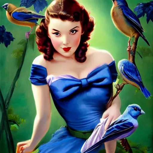 Image similar to pinup girl holding an indigo bunting, bird, the bird is wearing a bowtie, by greg rutkowski, rossdraws, gil elvgren, enoch bolles, anime, porcelain skin, very coherent