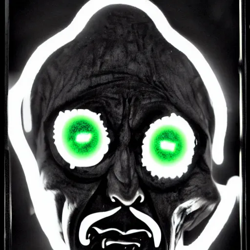 Image similar to sergey lavrov demonic evil horror jester face, lava cave glowing eyes, neon, polaroid black and white picture, 1 9 th century, scary horrifying satanic rituals, hell gate