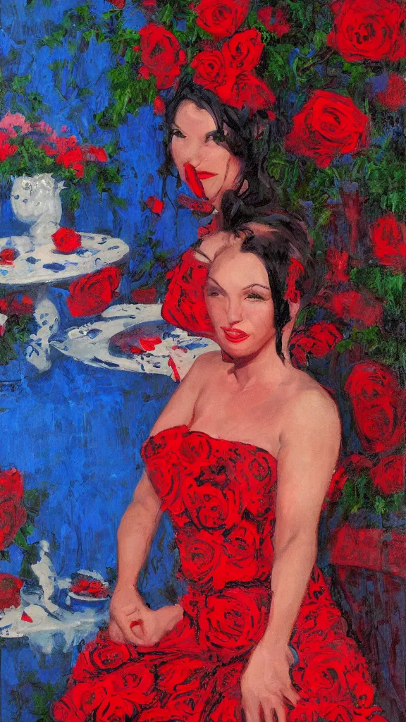 Image similar to portrait of rebekah delrio in lynch pattern dress beside of a big persian detailed pot of red roses, blue and red lights, mulholland drive, painted by craig mullins