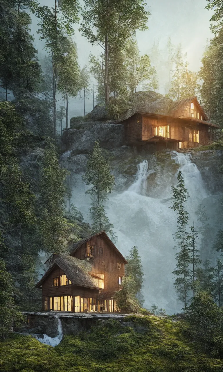 Image similar to beautiful large scandinavian house in the forest on a hill, a large waterfall flows down from the mountain in the background, octane render, fabulous, hyper detailed, random cinematic view, no noise, global illumination, warm lighting, volumetric, godrays, vivid, by jordan grimmer