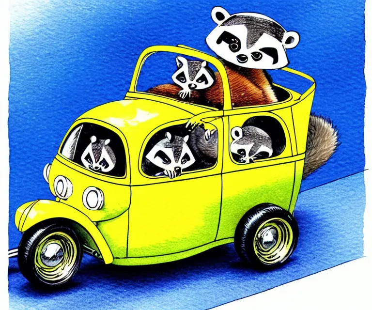 Prompt: cute and funny, racoon wearing a helmet riding in a tiny miniature little hot rod coupe with oversized engine, ratfink style by ed roth, centered award winning watercolor pen illustration, isometric illustration by chihiro iwasaki, edited by range murata