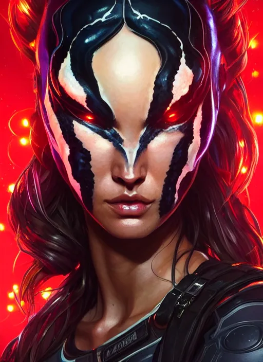 Image similar to portrait of apex legends, venom megan fox, intricate, elegant, glowing lights, highly detailed, digital painting, artstation, glamor pose, concept art, smooth, sharp focus, illustration, art by artgerm and greg rutkowski, artey freytag