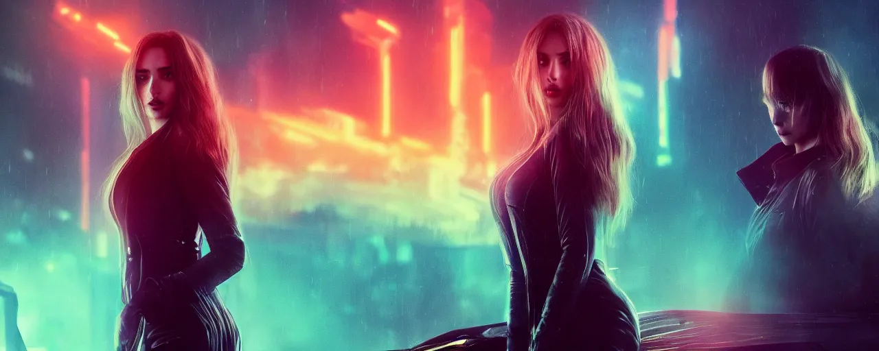 Image similar to breathtakingly beautiful Ana de Armas in blade runner 2049, long flowing hair, laser cannon, 8k, trending on artstation, unreal engine, purple neon, green rain