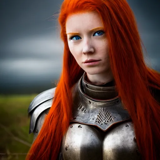 Image similar to north female warrior, red hair, ginger hair, fantasy, high detailed, full body, photography, cloudy, lightweight armor, Scandinavia, plain, Authentic, detailed face, cute face, professional photographer, 8k 3D