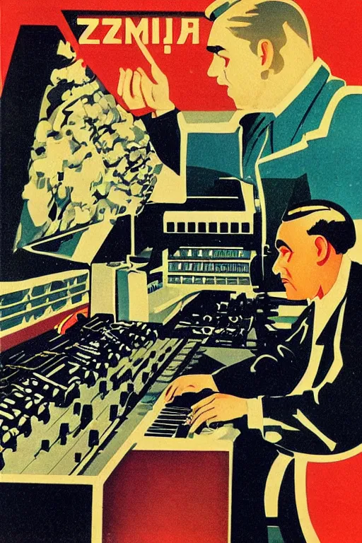 Image similar to soviet propaganda poster of a sound synthesizer solving world problems