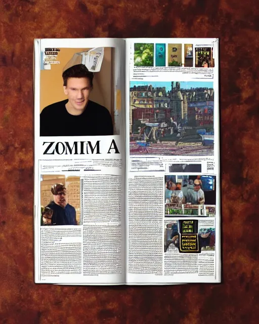 Prompt: 'a full view of table and magazine with picture of jerma985', magazine, zoomed out, zoomed out, zoomed out