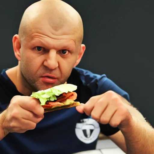 Prompt: Fedor Emelienko having a sandwich