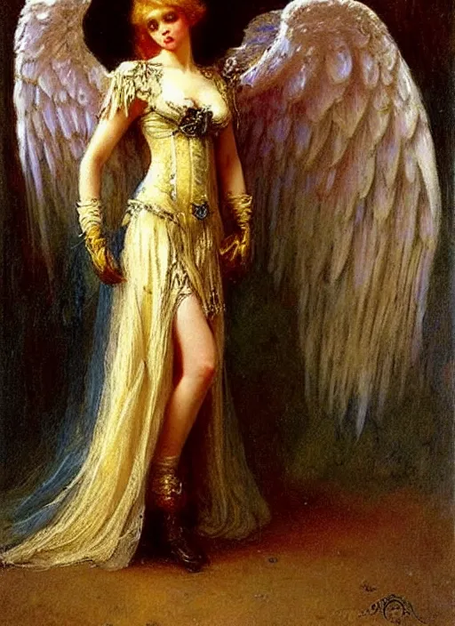 Image similar to vertical prtrait of an angel knight gothic girl, baroque dress. by gaston bussiere