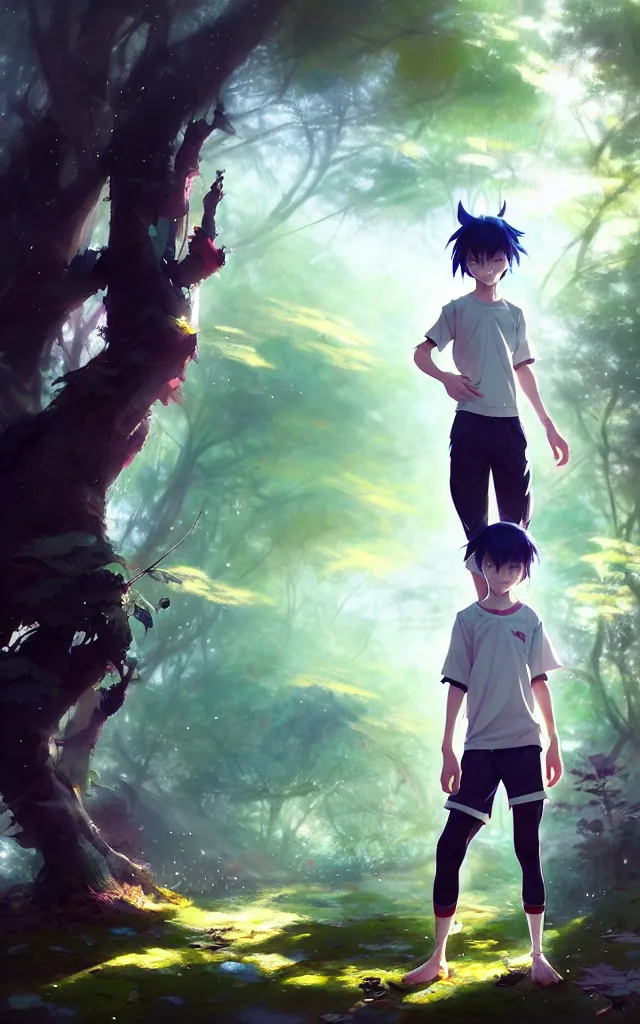 Image similar to a beautiful fullbody portrait of a cute anime boy wearing sport clothing and leggings under shorts barefoot in a forest. character design by cory loftis, fenghua zhong, ryohei hase, ismail inceoglu and ruan jia. artstation, volumetric light, detailed, photorealistic, fantasy, rendered in octane