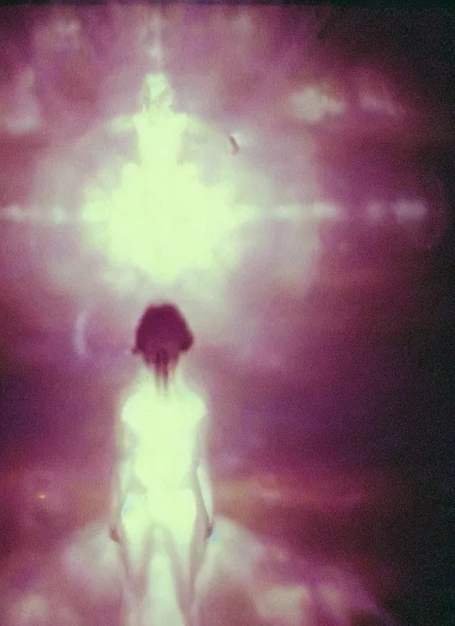 Prompt: a symmetrical female astral projection, liquid glowing aura, heavenly, film grain, cinematic lighting, experimental film, shot on 1 6 mm