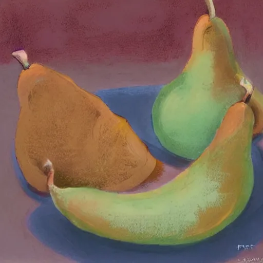 Prompt: abstract figurative art, style, lovers eat, julia pott style, pears, dreamy, muted, pastel colors