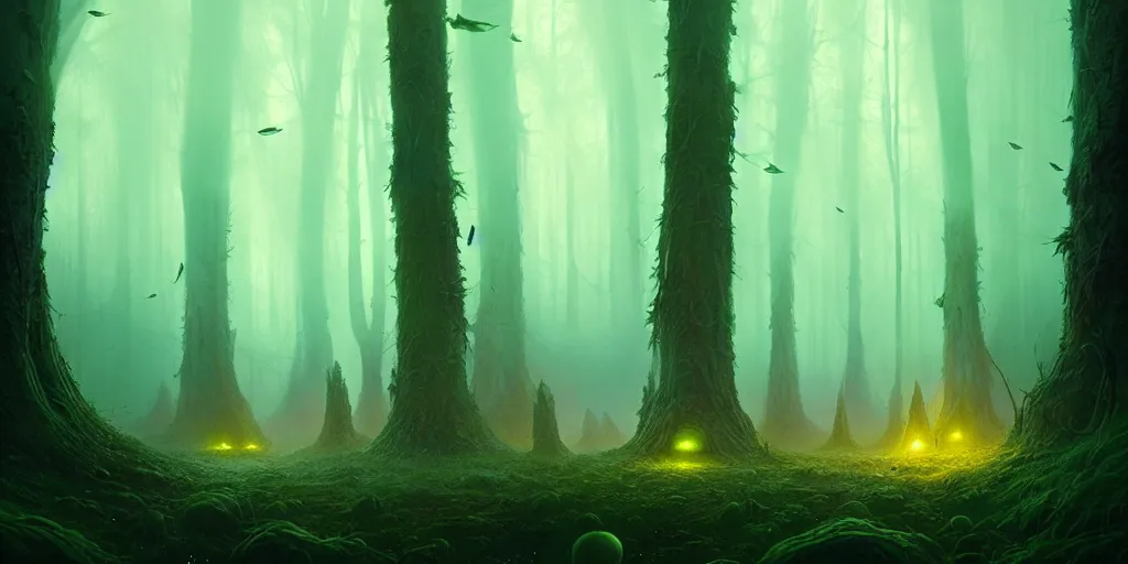 Image similar to strange alien forest, glowing fungus, misty, green glowing horizon, fireflies, ultra high definition, ultra detailed, symmetry, sci - fi, dark fantasy, by greg rutkowski and ross tran