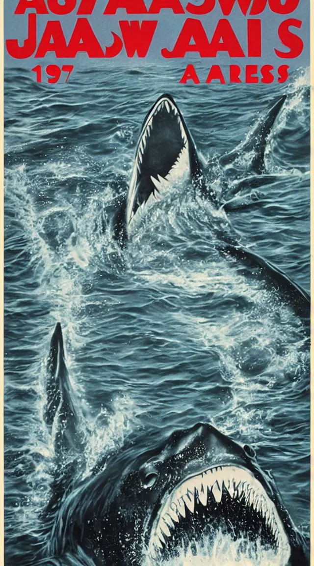 Prompt: a poster of jaws, 1975