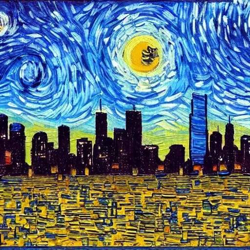 Prompt: painting of the chicago skyline in the style of van gogh