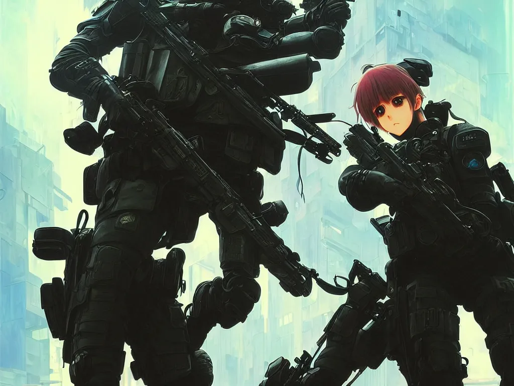 Prompt: anime key visual of a young female swat officer fighting male blood hound, neon, cyberpunk, futuristic, stunning, highly detailed, digital painting, smooth, soft focus, illustration, movie poster, japanese typography, digital art from artstation by artgerm and greg rutkowski and alphonse mucha