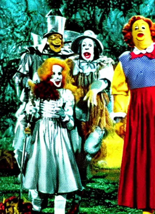 Image similar to an award winning scene still of ronald mcdonald in the wizard of oz movie, gloomy atmosphere, digitally enhanced colour restoration