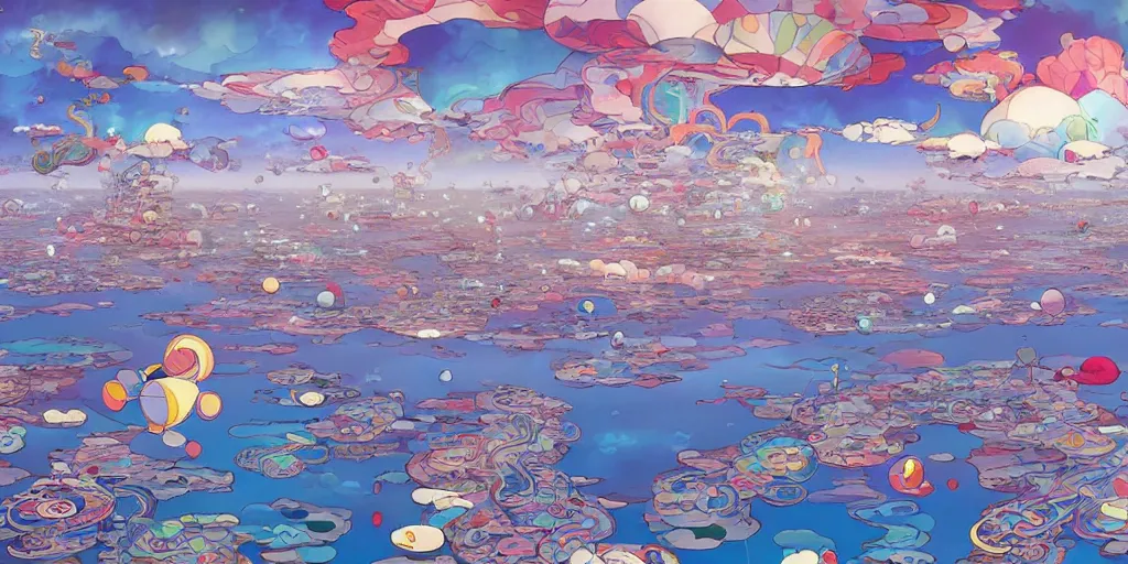 Image similar to a city floating above the sea by takashi murakami,, beeple and james jean, aya takano color style, 4 k, super detailed, night sky, digital art, digital painting, celestial, majestic, colorful