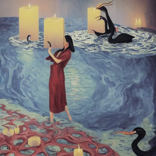 Image similar to tall female artist holding art supplies in her flooded kitchen, pomegranates, octopus, water gushing from ceiling, painting of flood waters inside an artist's apartment, a river flooding indoors, candles, ikebana, zen, rapids, waterfall, black swans, canoe, berries, acrylic on canvas, surrealist, by magritte and monet