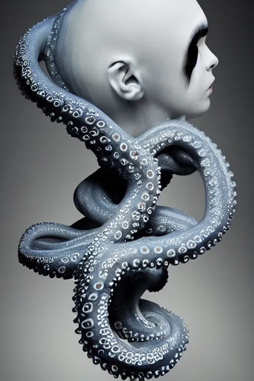 Image similar to full head and shoulders, beautiful porcelain female person, with lots and lots of black, realistic eyeballs, smooth, delicate facial features, white lashes, 3 d white shiny thick, large octopus tentacles in hair, standing in an art gallery by daniel arsham and james jean