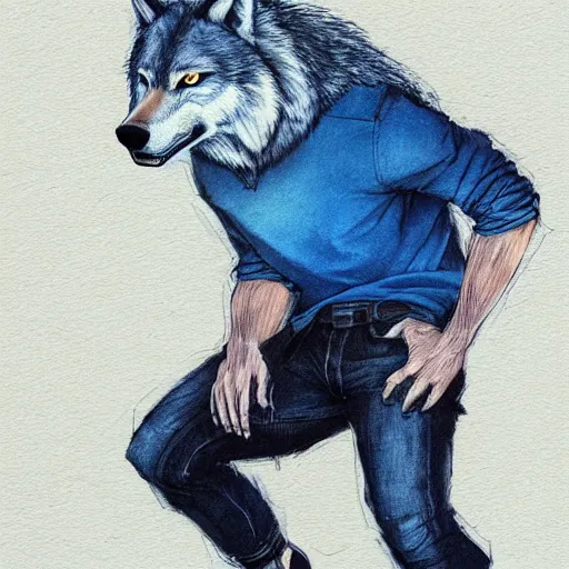 Image similar to a wolf wearing a blue shirt and jeans, Greg Rutkowski, marker