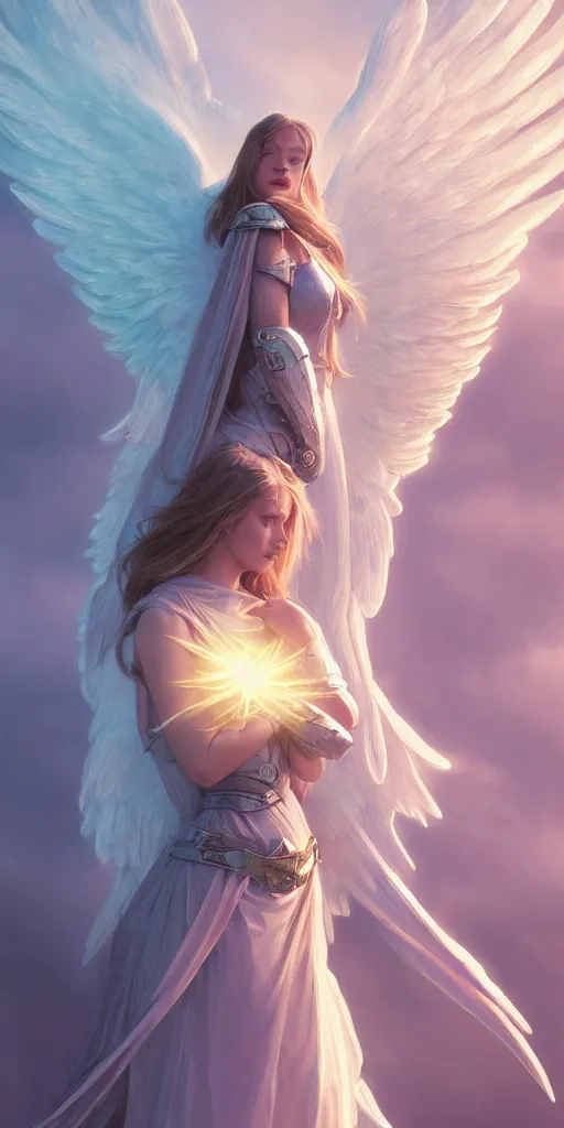 Image similar to angel with big wings, low key light, full plate armor with cloth, f 1 6, bokeh, extreme close up portrait, gentle, female, mountain, storm, god rays, landscape, d & d, fantasy, elegant, teal pink white gold color palette, concept art, moebius, greg rutkowski, alphonse mucha