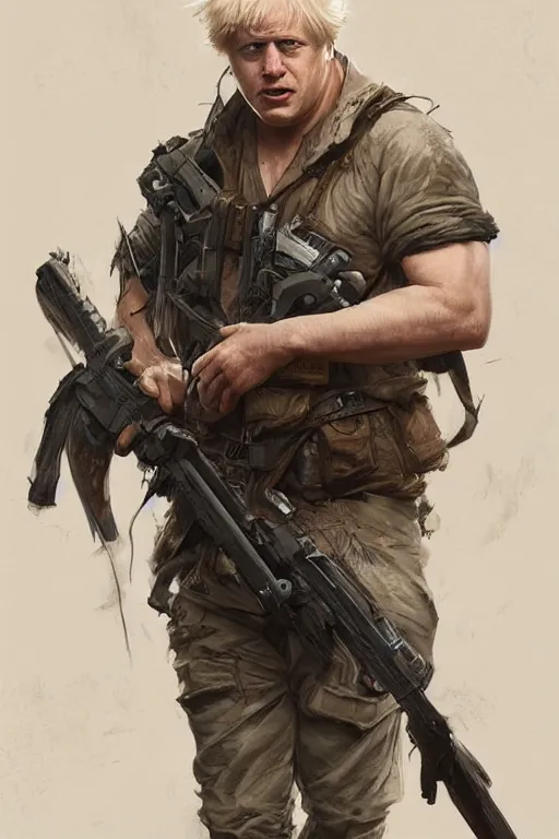 Prompt: Boris Johnson as Rambo First Blood, Boris Johnson hairstyle, masculine figure, highly detailed, digital painting, artstation, concept art, smooth, sharp focus, illustration, cinematic lighting, art by artgerm and greg rutkowski and alphonse mucha