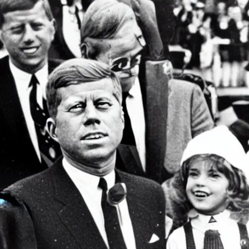 Prompt: a vintage photo of a alien posing with JFK