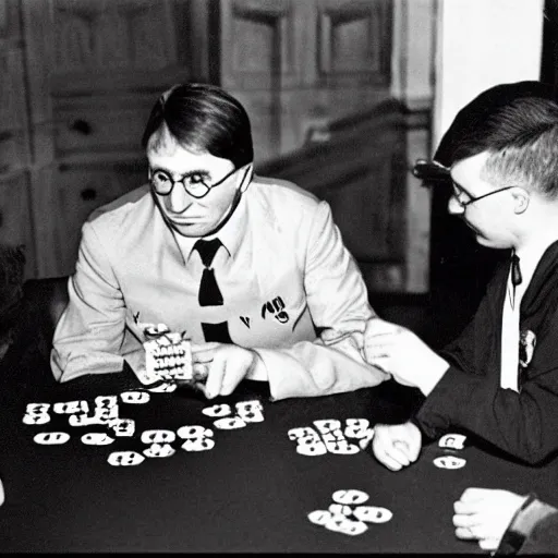 Prompt: harry potter and adolf hitler playing poker