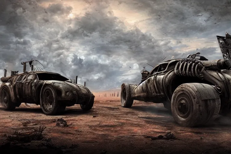 Image similar to ultra realist 3d soft paint of a single gothic four wheel vehicle fully armored, Mad Max and Fallout, symmetry accurate features, very intricate details, ominous sky, volumetric light clouds, post apocalyptic background