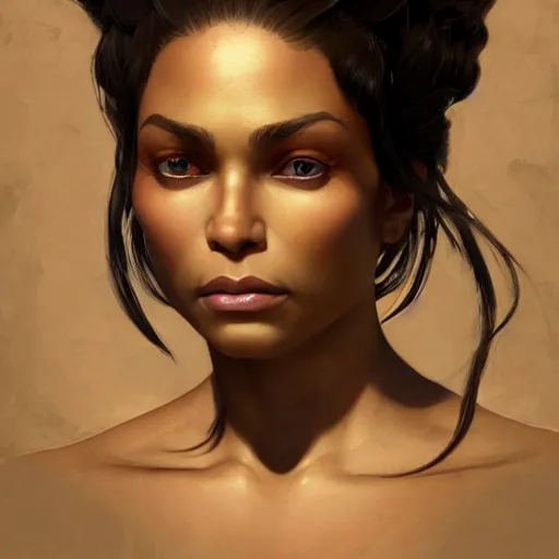 Image similar to beautiful, very strong, mixed race, female, aged 4 0, face, no makeup, head shot, fantasy, highly detailed, digital painting, artstation, concept art, smooth, sharp focus, illustration, art by brom and greg rutkowski and alphonse mucha