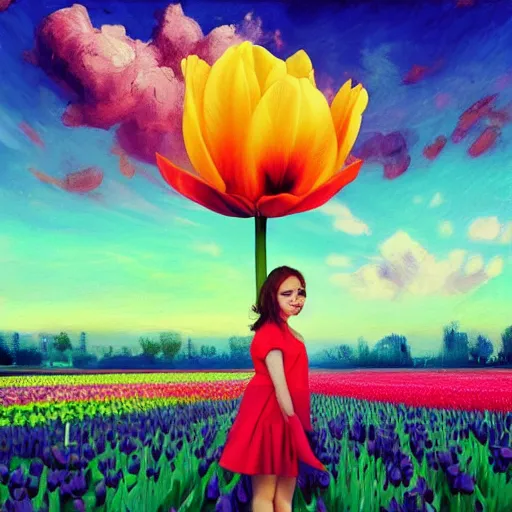 Prompt: girl with one single giant tulip as a head, surreal photography, flower field, sunset dramatic light, impressionist painting, colorful clouds, blue sky, digital painting, artstation, simon stalenhag