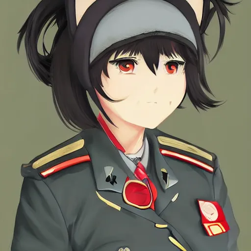 Image similar to digital artwork of adult female anime character with cat ears wearing soviet era uniform, wearing a tshirt with a face of karl marx on it, in the style of krenz cushart