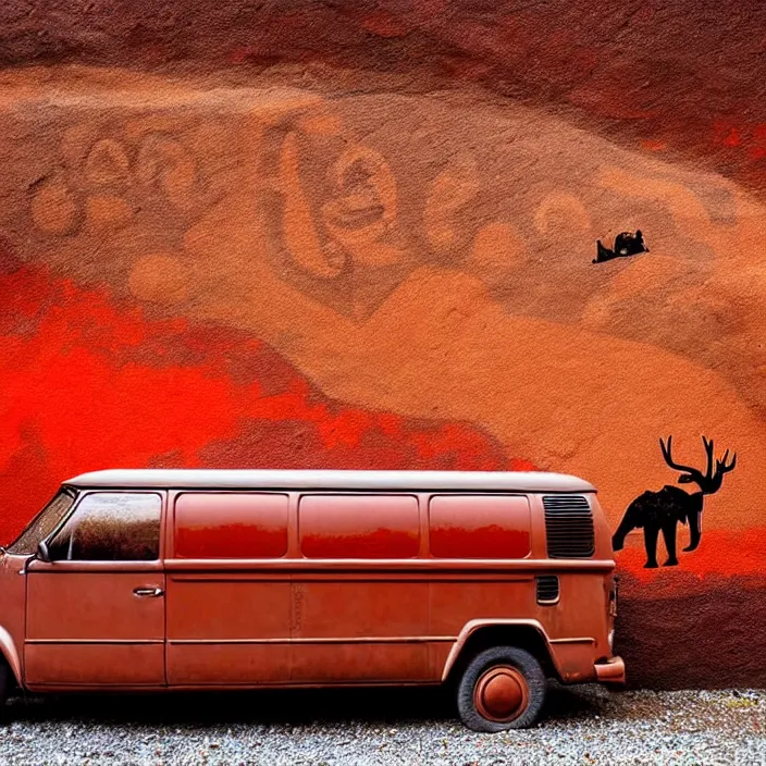 Image similar to red ocher painted on the wall image of ancient vw bus, mammoths and hunters, ancient prehistoric rock art in a cave style