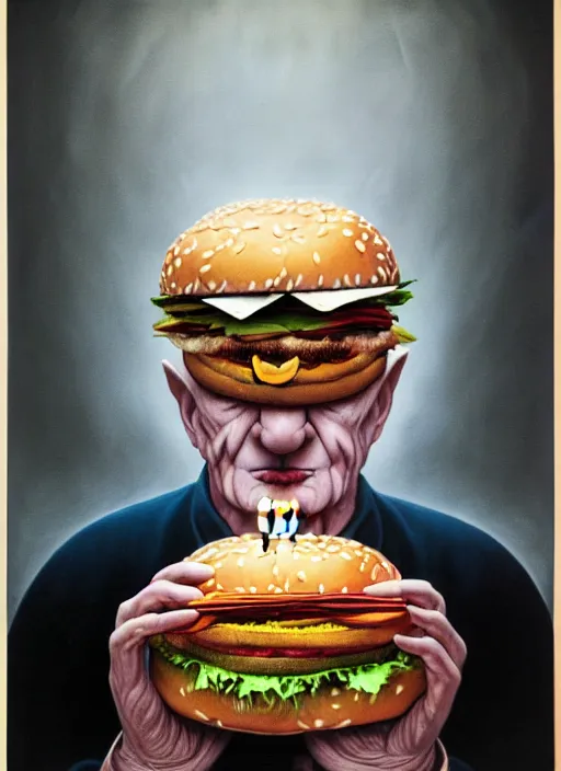 Image similar to hyper detailed 3d render like an Oil painting - Portrait of Palpatine eating a hamburger by Jacek Yerka, Mariusz Lewandowski, Houdini algorithmic generative render, Abstract brush strokes, Masterpiece, Edward Hopper and James Gilleard, Zdzislaw Beksinski, Mark Ryden, Wolfgang Lettl, hints of Yayoi Kasuma, octane render, 8k