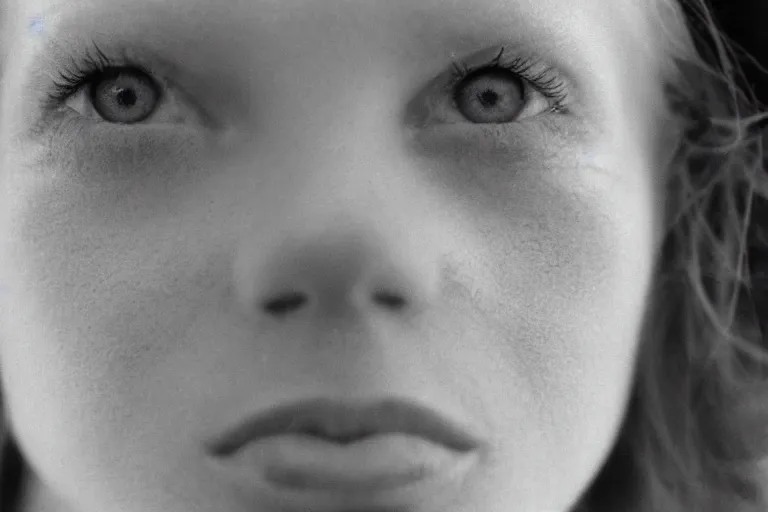 Image similar to close up portrait photography of a symmetric white ginger woman face with blue eyes, soft light, 35mm, film photo, Joel Meyerowitz