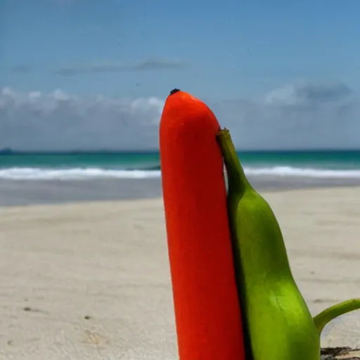 Image similar to red orange kissing green banana on a beach in new mixico