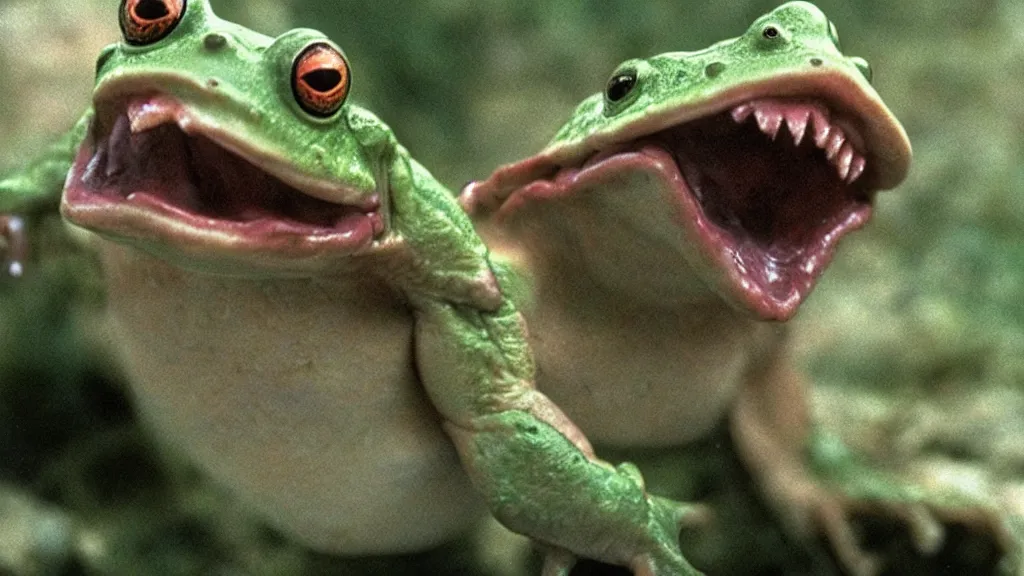 Prompt: a humanoid frog with a mouth full of sharp teeth laughing maniacally, a satanic ritual, by Brian Froud and John Carpenter, movie still directed by Ridley Scott and cinematography by Roger Deakins